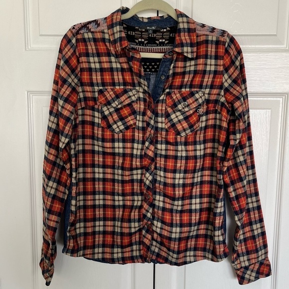 Miss Me Tops - Women’s Miss Me Flannel Plaid and Jean Aztec Print Shirt Size S